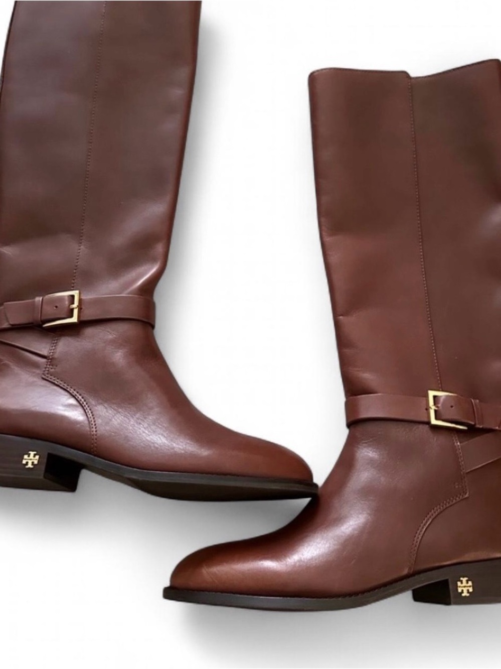 Tory Burch Brown Leather Mid-Calf Riding Boots with Gold Buckle